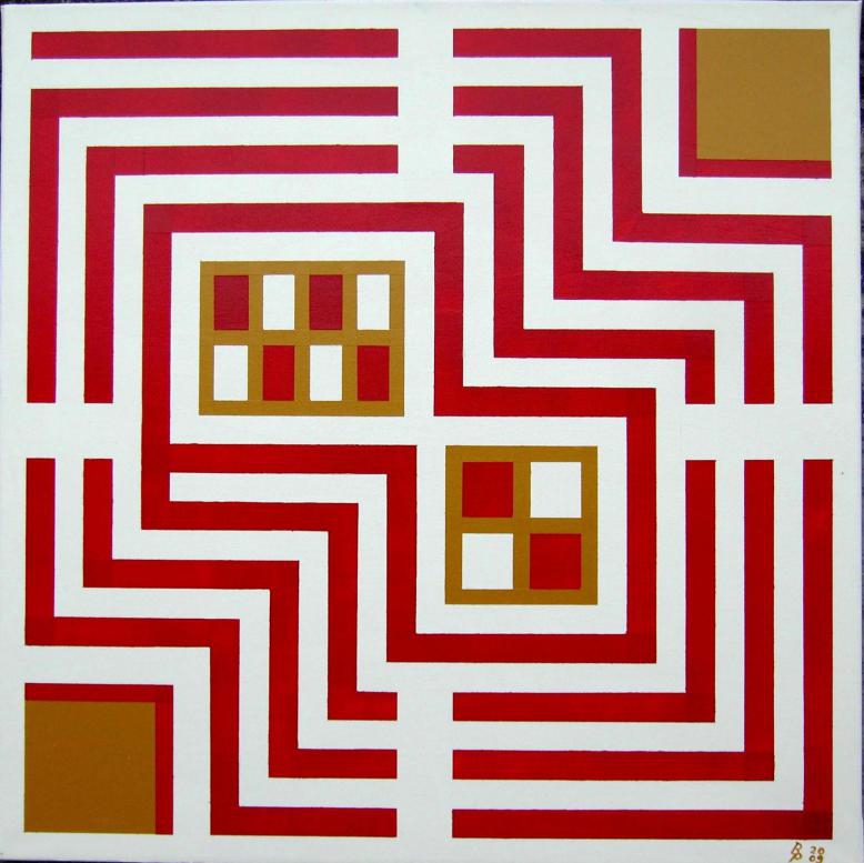 Rote Linie ins Zentrum Acryl auf Leinwand 60x60cm 2009