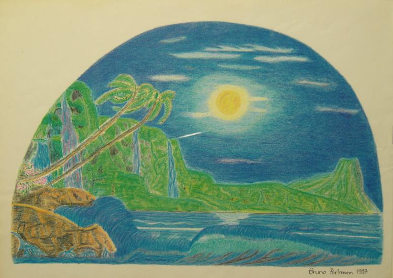 Insel bei Vollmond Buntstifte auf Papier 20x30cm 1997